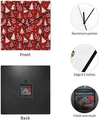 Miniatura 2 de Christmas Tree Wooden Wall Clock Silent Non Ticking, Winter Xmas Pine Leaf Snowflake Red Square Wall Clocks Battery Operated, Decor Clock for Home