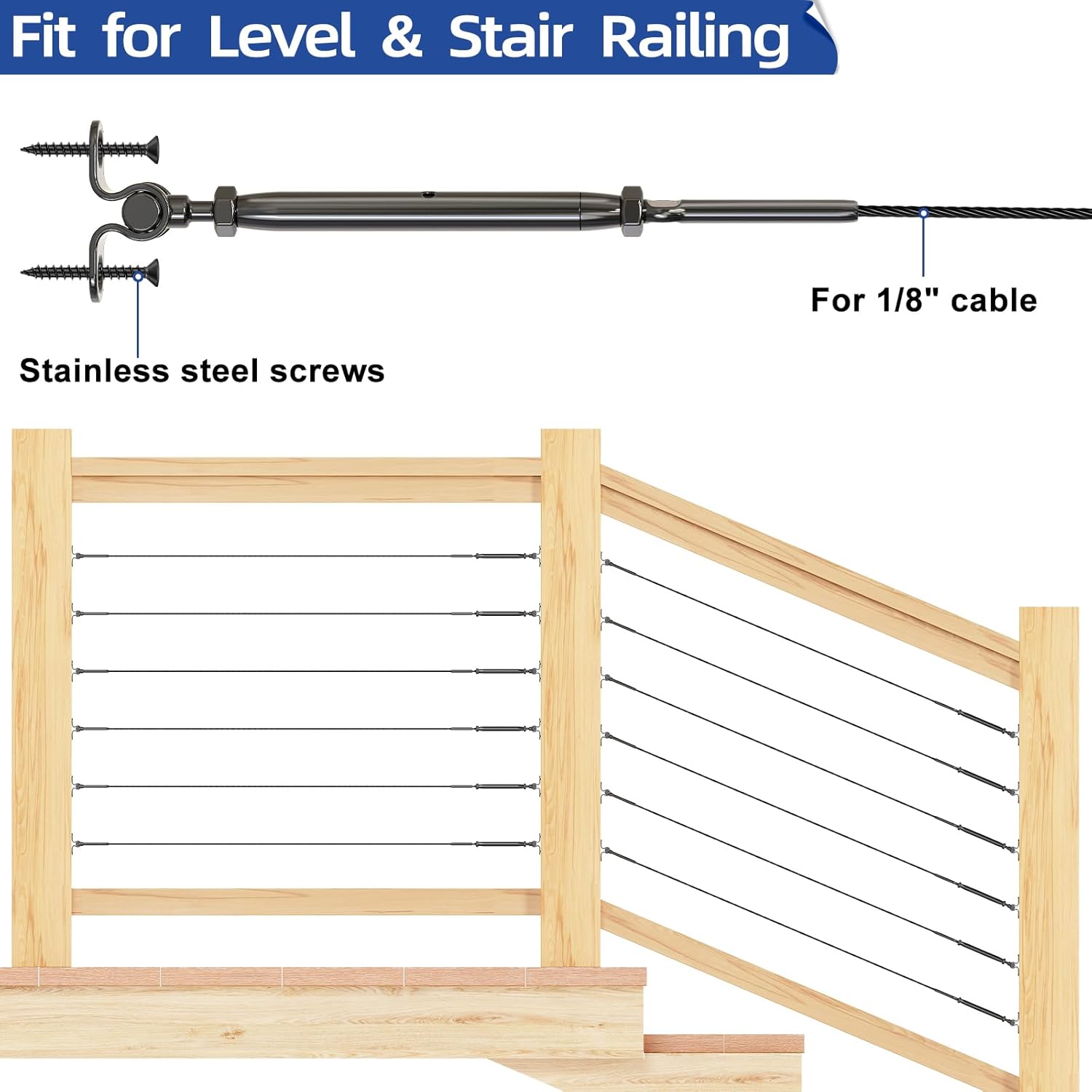 Black Cable Railing Kit, T316 Stainless Steel 1/8” Swage Toggle Turnbuckle Hardware for Wood Posts, Stair Deck Cable Railing System, 180°Adjustable Angle Wire Railing Kit BH6 (6 Pairs)