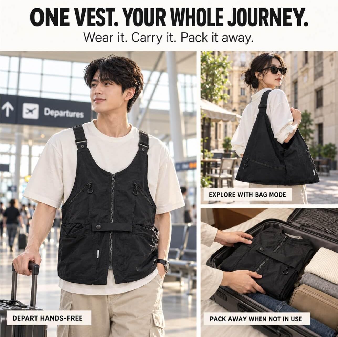 2-in-1 Vest Backpack, Convertible Utility Vest Bag with Multiple Pockets for Travel, Hiking, Fishing & Photography