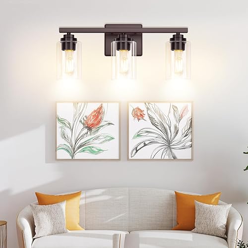Miniatura 9 de Lámparas de baño de 3 luces, 19 pulgadas, modernas luces de tocador sobre espejo con pantallas de vidrio transparente, accesorio de luz marrón,