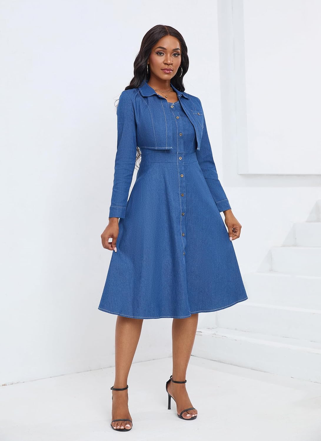 VERWIN Two Pieces Denim Dress with Jackets Midi Dress Button Down Party Long Sleeve Shirt Dress Outfits