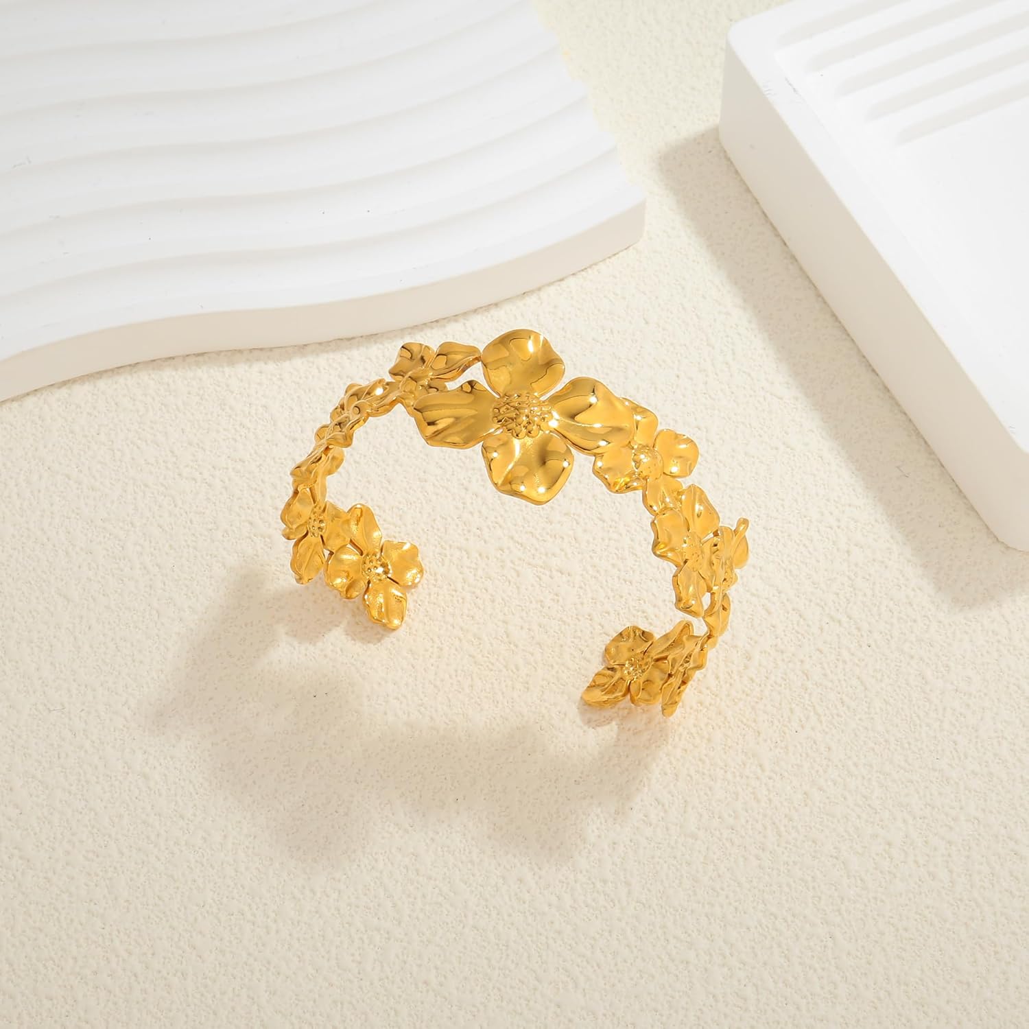 WOWORAMA Gold Flower Bracelets for Women Irregular Flower Cuff Bracelet Boho Vintage Gold Statement Bracelet Chunky Hammered Floral Bangle Bracelets - Image 7