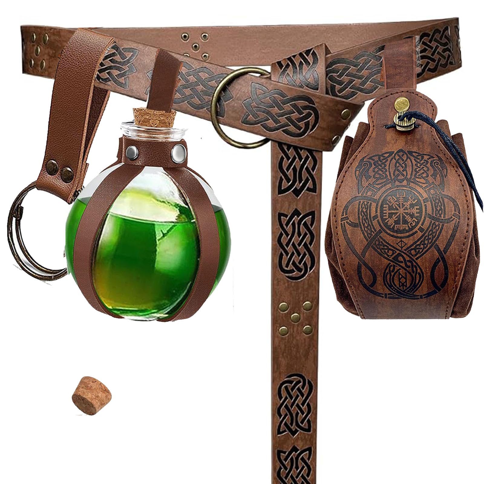 SUMGOGO 4 Pcs Halloween Renaissance Belt Pouch Witch Bottle Skirt Hikes Medieval Viking Pirate Leather Belt Costume Set, Dragon Brown, One Size โ image 1