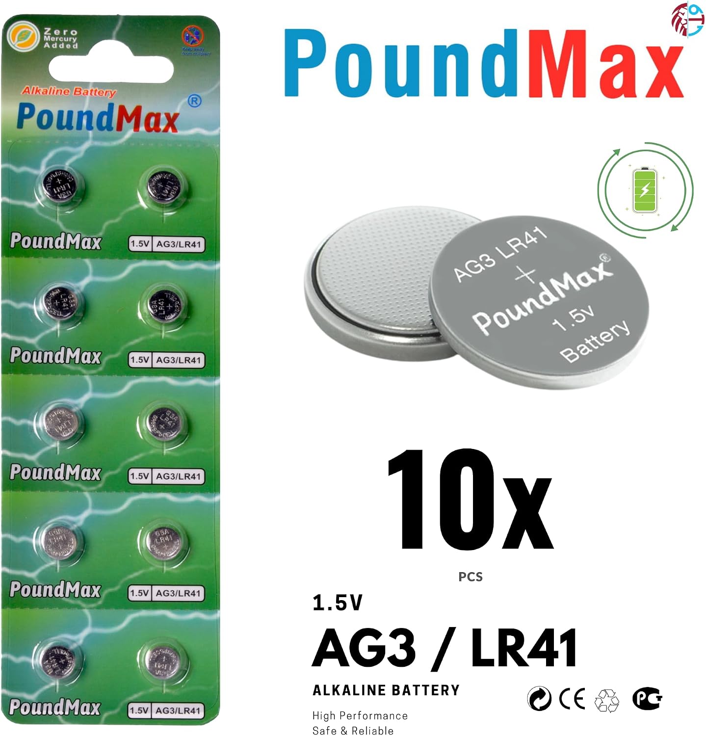 PoundMax AG3 LR41 Batteries 1.5v Alkaline Button Cell Battery - 10 Count
