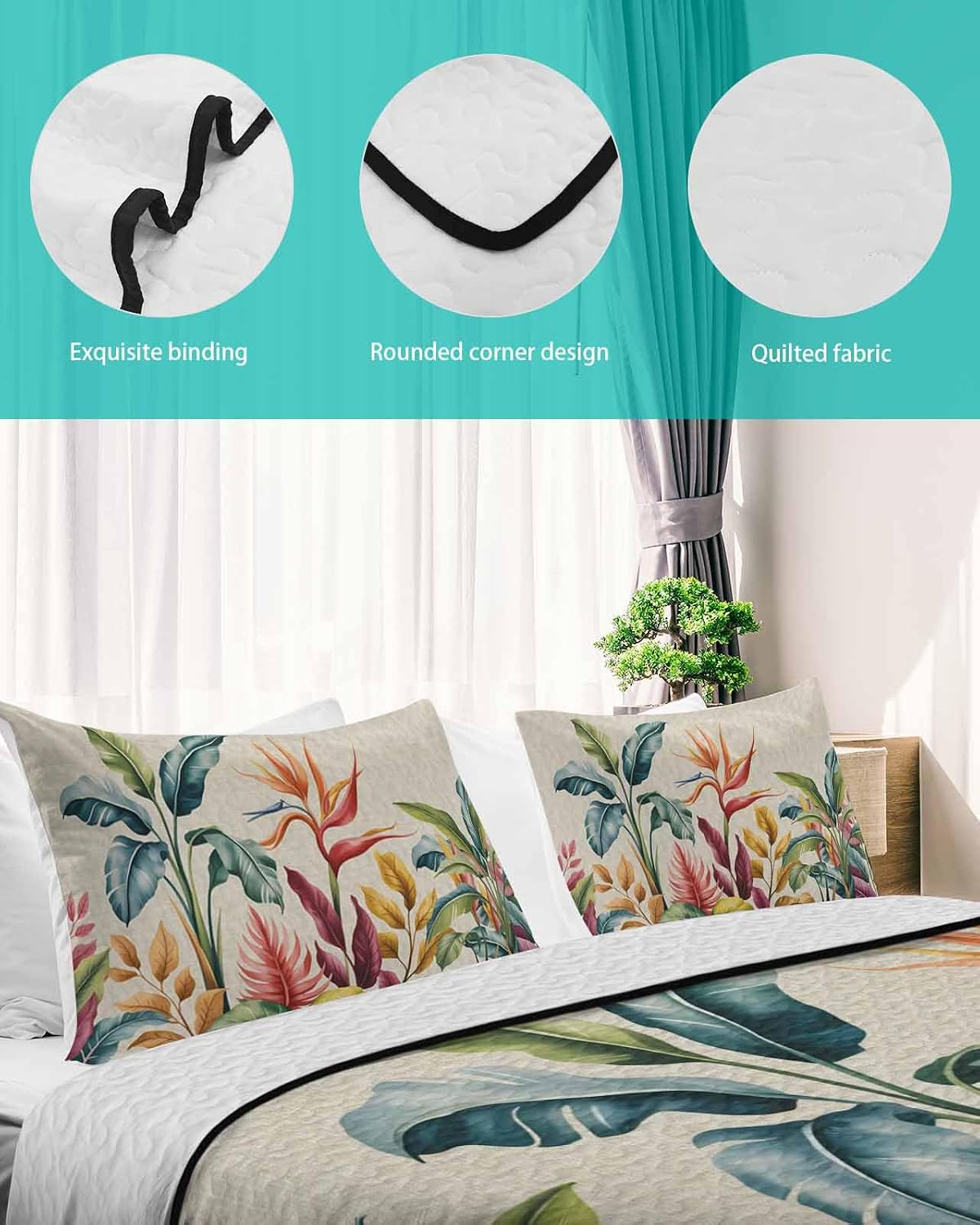 King Size Quilt Set, Tropical Banana Palm Leaves Lightweight Bedspread Coverlet Set Soft Microfiber Summer Quilt with 2 Pillow Shams, Boho Colorful Leaf on Linen 3 Piece Comforter Bedding Set