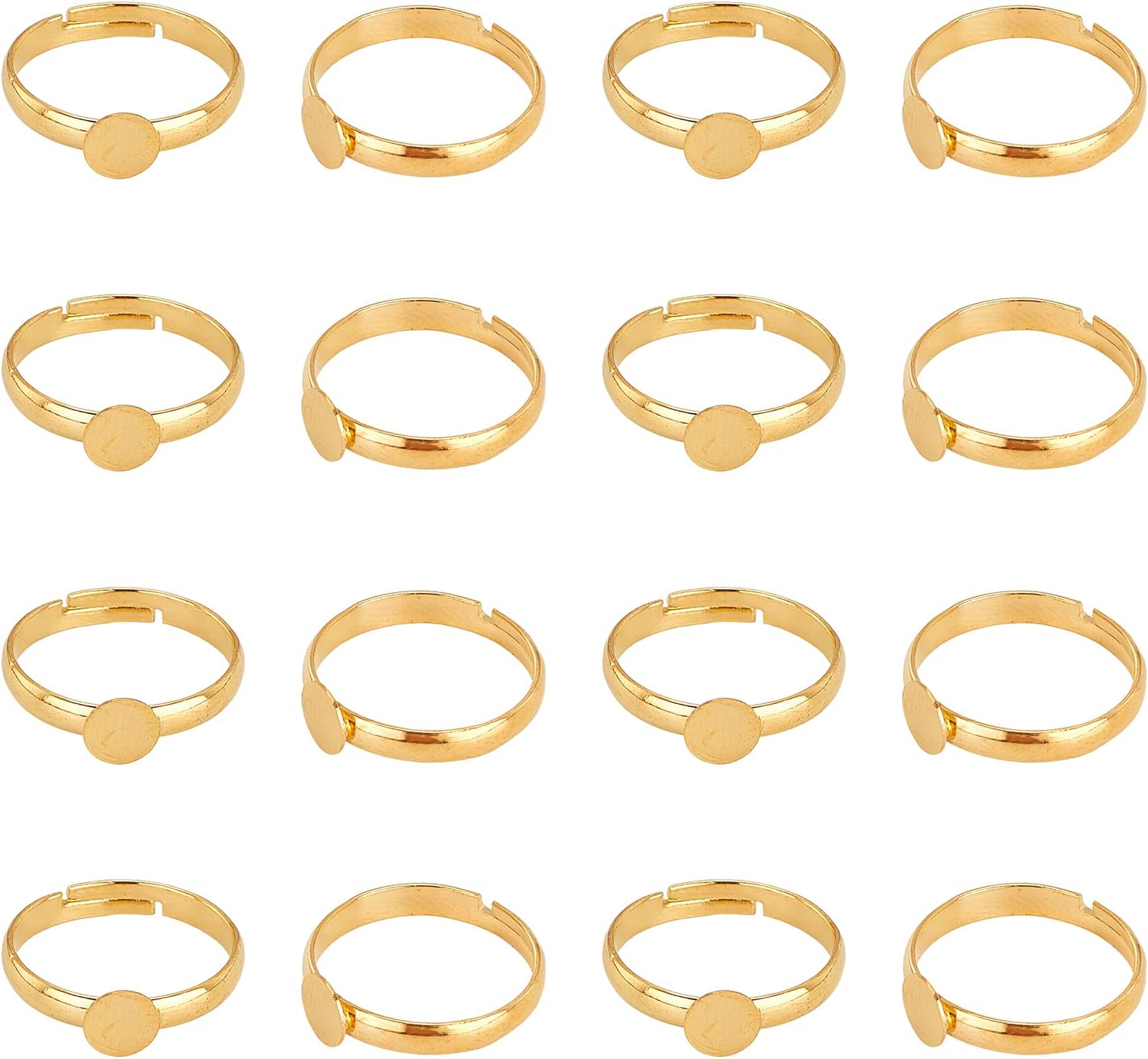 PH PandaHall 40pcs Blank Rings, Brass Adjustable Finger Ring Settings Components Gold Rings with 6mm Round Pad for Jewellery Ring Making