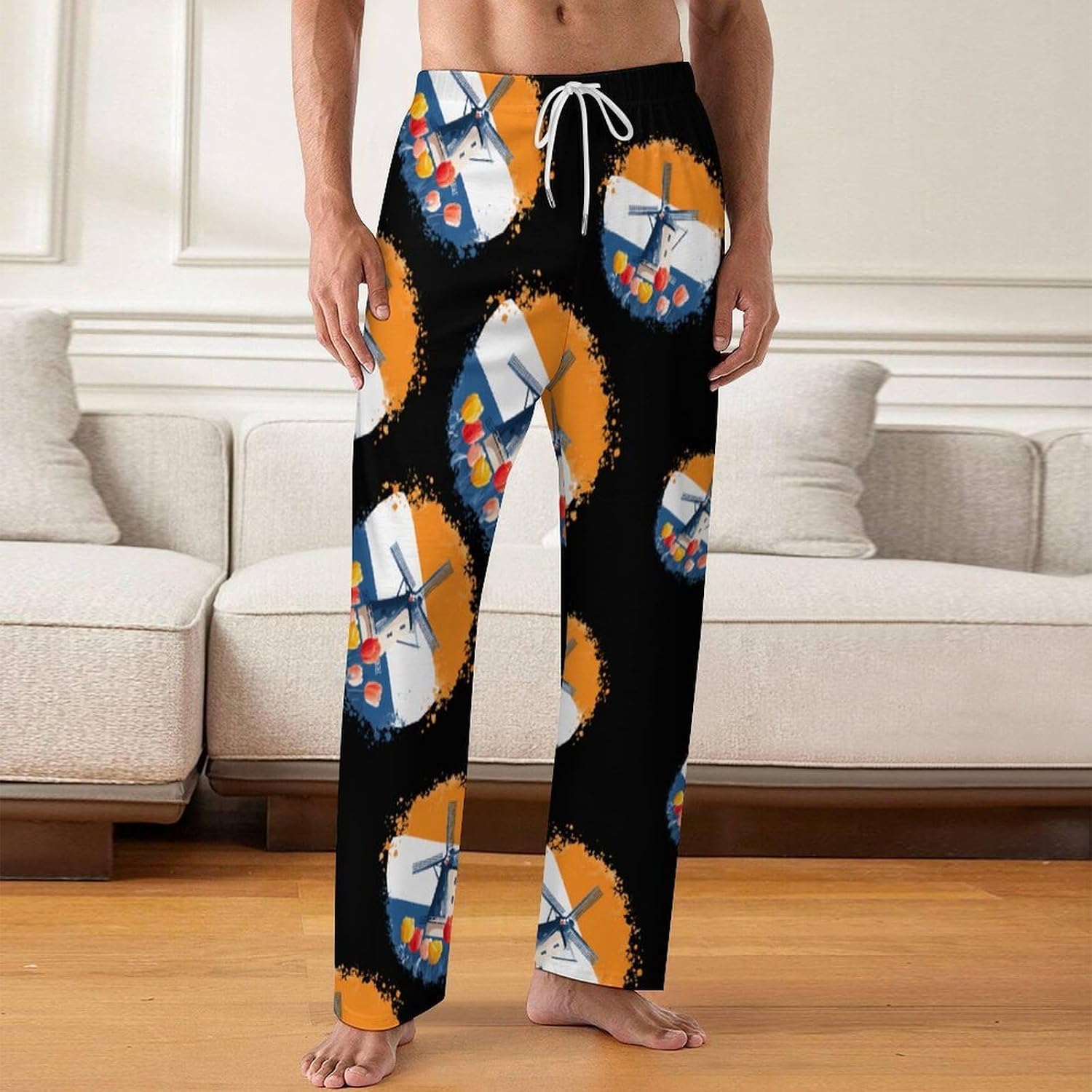 Netherlands Tulip Flowers Windmills Lounge Pajama Pants for Men Print Loungewear Bottoms Sleepwear Pj Sleep Pant 5X-Large