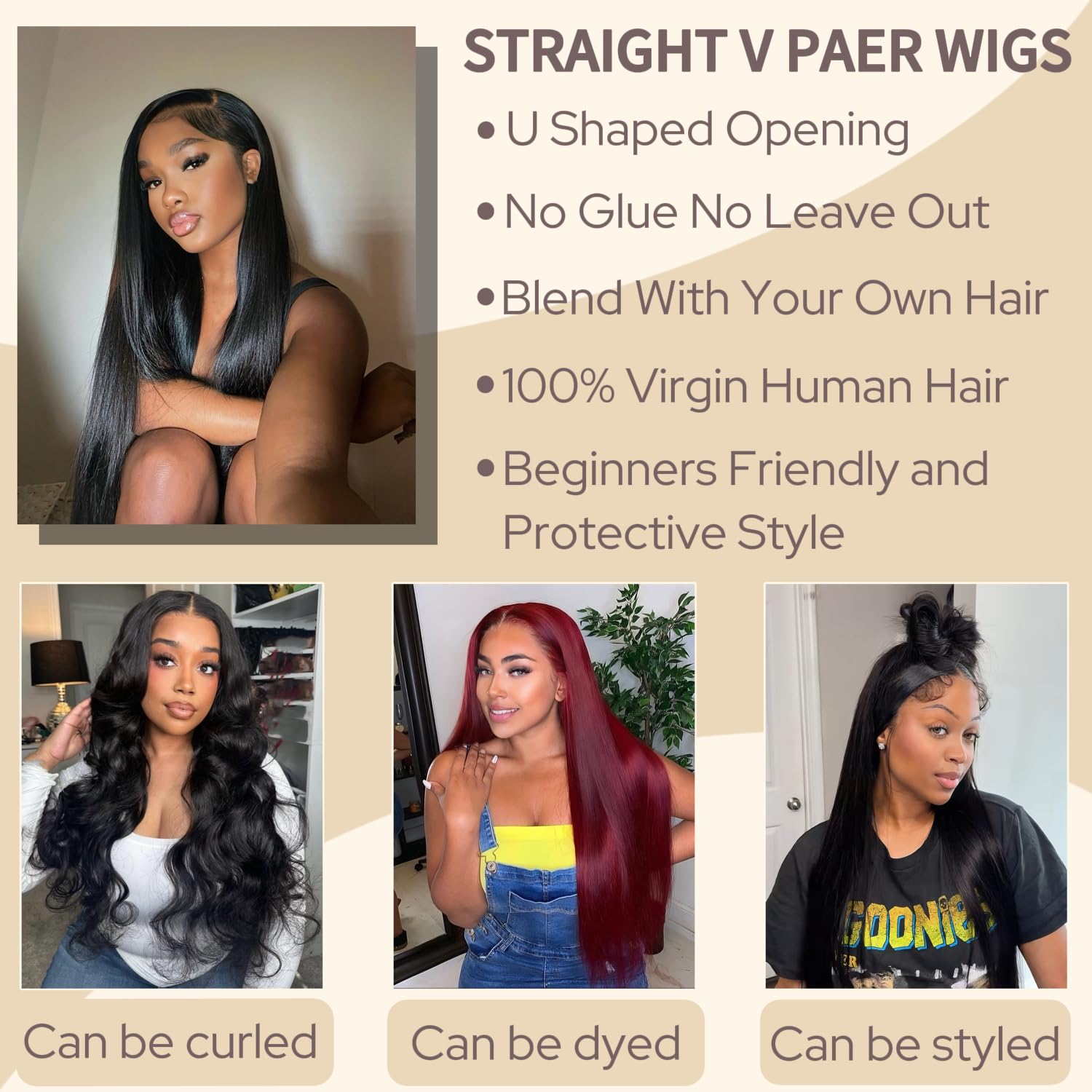 U Part Human Hair Wig Straight Wigs Human Hair 18inch Brazilian Human Hair Wigs for Black Women U Part Wig No Leave out No Sew in NO Glue 180% Density Natural Color 18inch