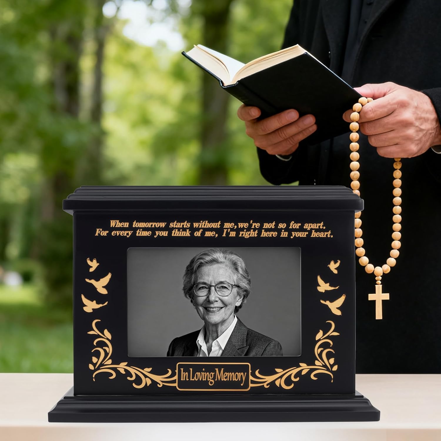 Cremation Urns for Human with Photo Frame, Urn for Ashes for Women, Wooden Urn for Ashes Adult Male, Keepsake Box Casket for Humans up to 260 lbs (Black, L, Tree of Life)