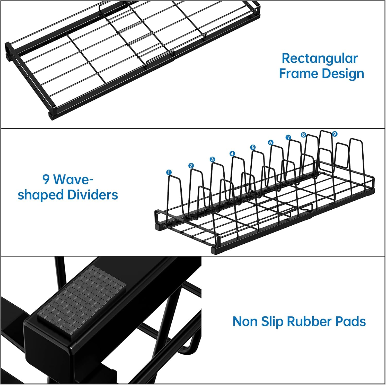 Expandable Food Container Lid Organizer, 9 Adjustable Dividers Sturdy Metal Pot and Pan Organizer Rack for Kitchen Cabinets, Drawers, Pantry Shelves, Countertops, Black, 8.15" Wide