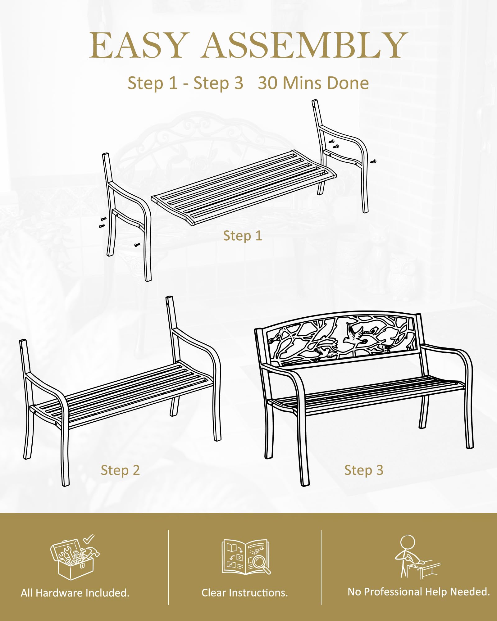 Banc de jardin 2 places en fonte pleine résistant aux intempéries - Charge maximale : 240 kg - Avec motif colombe de la paix et branche d'arbre - Banc en métal vintage pour jardin, balcon