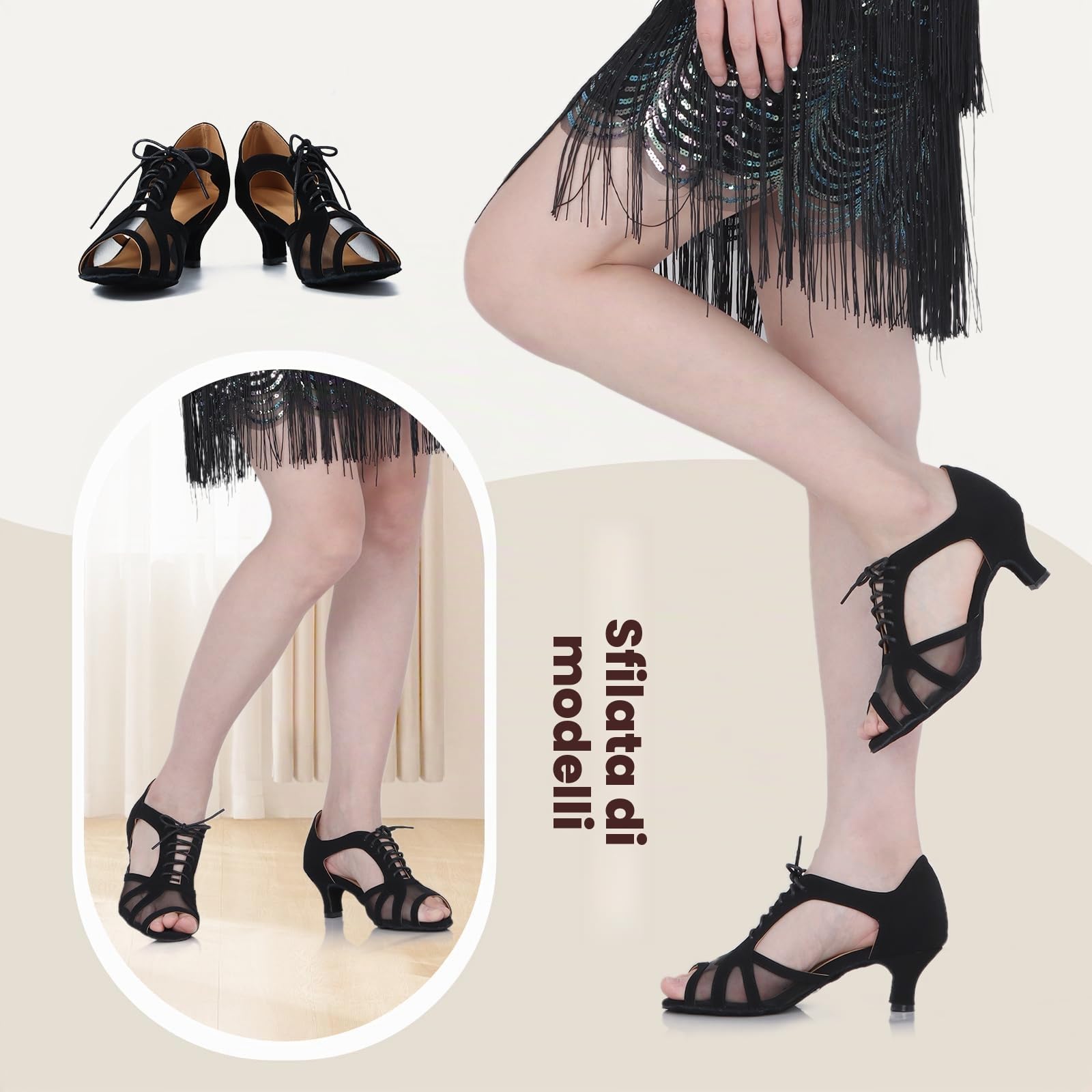 Donne Nero Scarpe da Ballo Suola Scamosciata Tacchi Salsa Latino Pratica Scarpe Tacco Basso 5.5cm