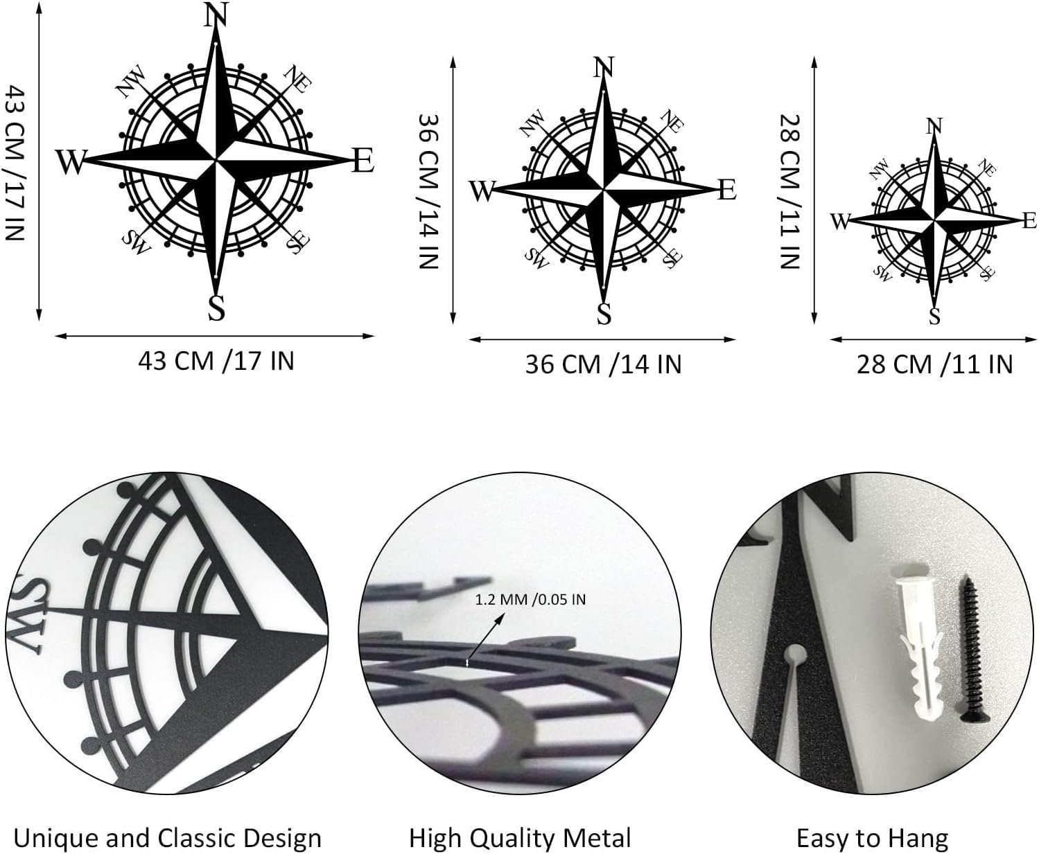 ruelen 14 Inches Metal Decorative Nautical Compass Wall Decor, Living Room Bedroom Office Porch Garden Patio Signs Wall Hanging Art Lake House Beach Theme Home Decoration (Black) image 5