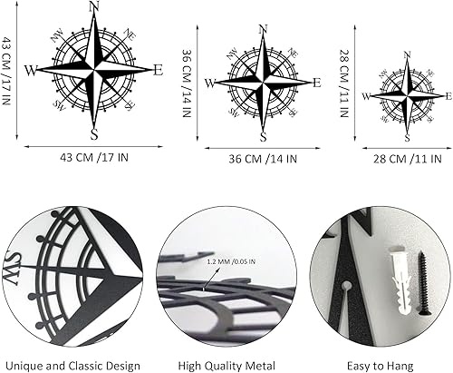 Miniatura 5 de ruelen Decoración de pared de brújula náutica decorativa de metal de 14 pulgadas, sala de estar, dormitorio, oficina, porche, jardín, patio,