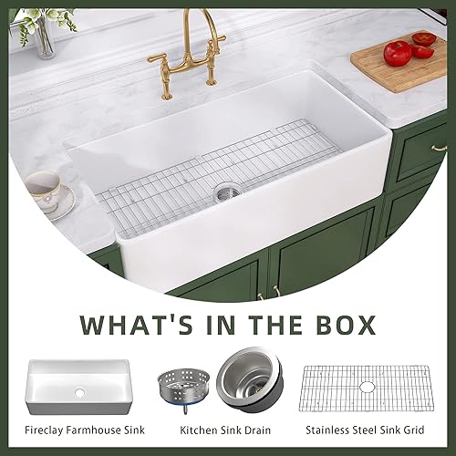 Miniatura 7 de TUKTUK Fregadero de granja blanco de 36 pulgadas, delantal de arcilla refractaria frontal, fregadero de cocina con caída profunda en el fregadero de