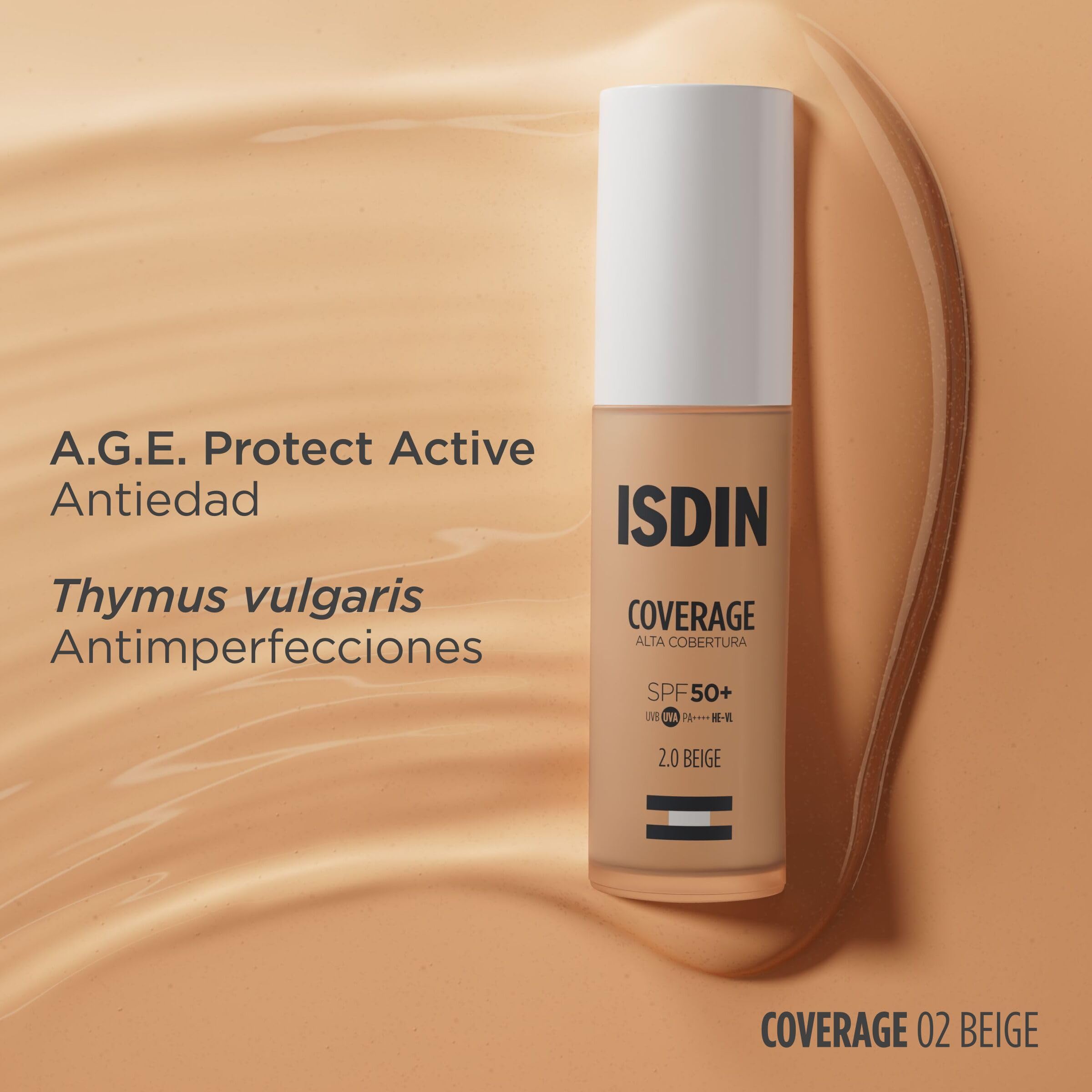 ISDIN Coverage SPF 50, Base de maquillaje con muy alta protección solar, acabado natural, acción antiedad, reduce arrugas y líneas de expresión - 30ml