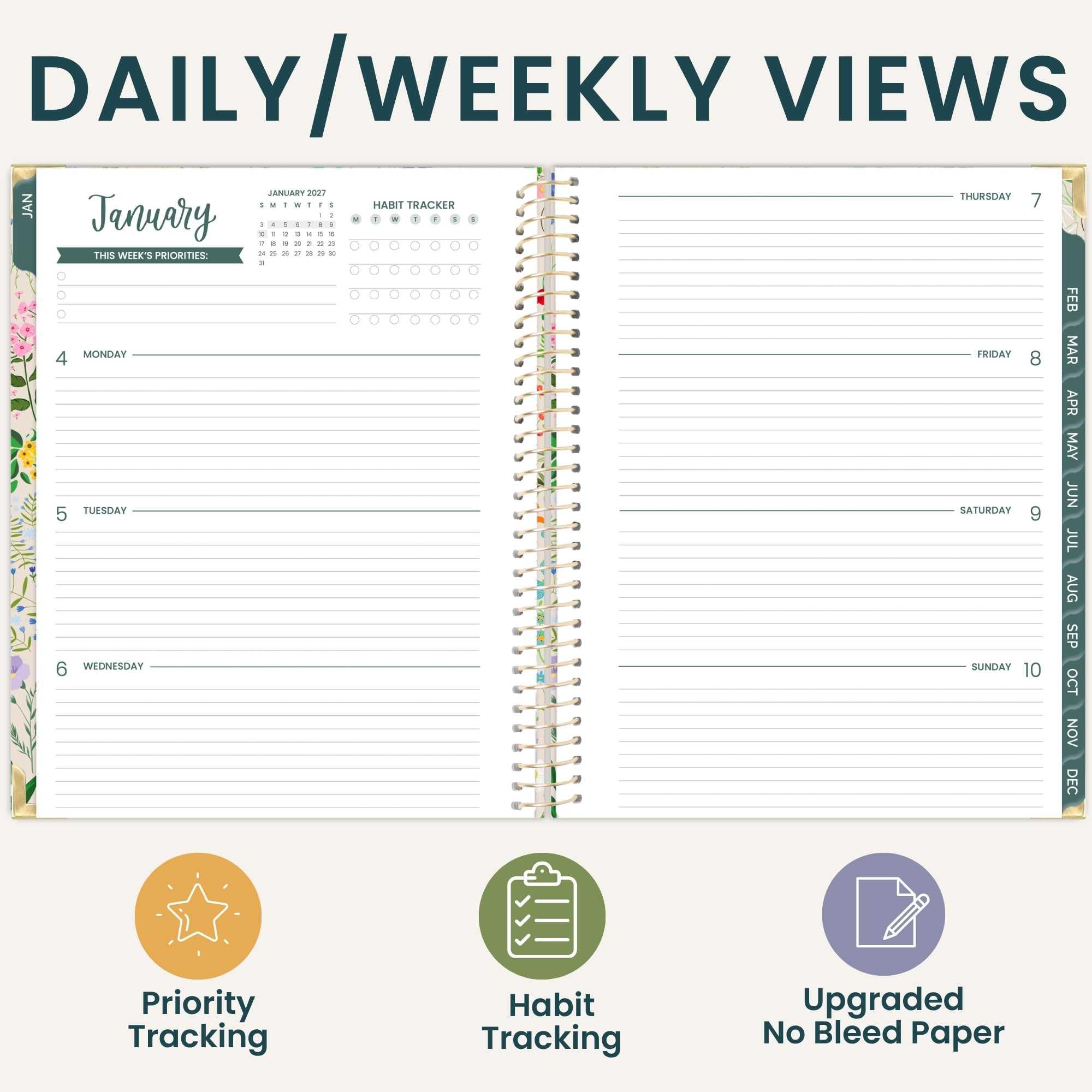 bloom daily planners Agenda de tapa dura 2027 (8.5 x 11 pulgadas) de enero a diciembre de 2027, calendario anual, agenda de tareas para mujeres, agenda inspiradora mensual y semanal con plantilla