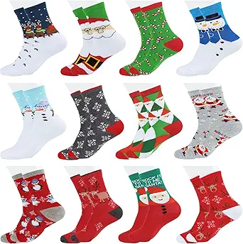 12Pair Women's Christmas Socks, Cotton Knit Crew Xmas Socks for Girls, Winter Cozy Funny Women Christmas Socks, Cute Novelty Christmas Gifts