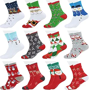 12 Pairs Women's Christmas Crew Socks - Cozy Cotton Knit Xmas Socks - Assorted Styles - Cute Novelty Gifts