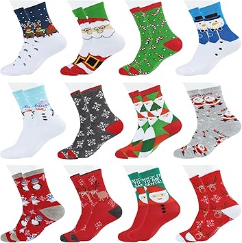 12 Pairs Women's Christmas Crew Socks - Cozy Cotton Knit Xmas Socks - Assorted Styles - Cute Novelty Gifts