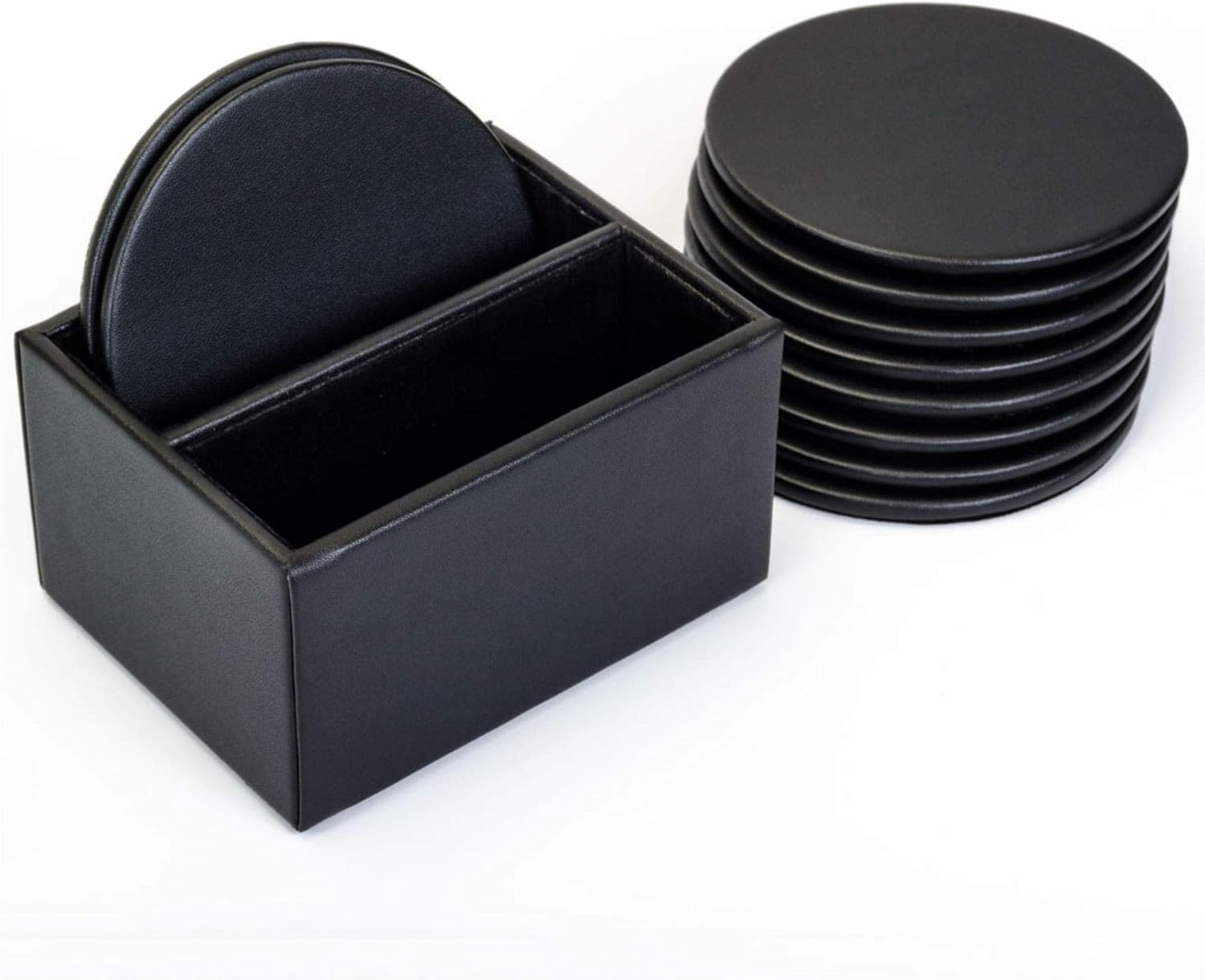 Dacasso Black Leather 10 Round Coaster Set with Holder