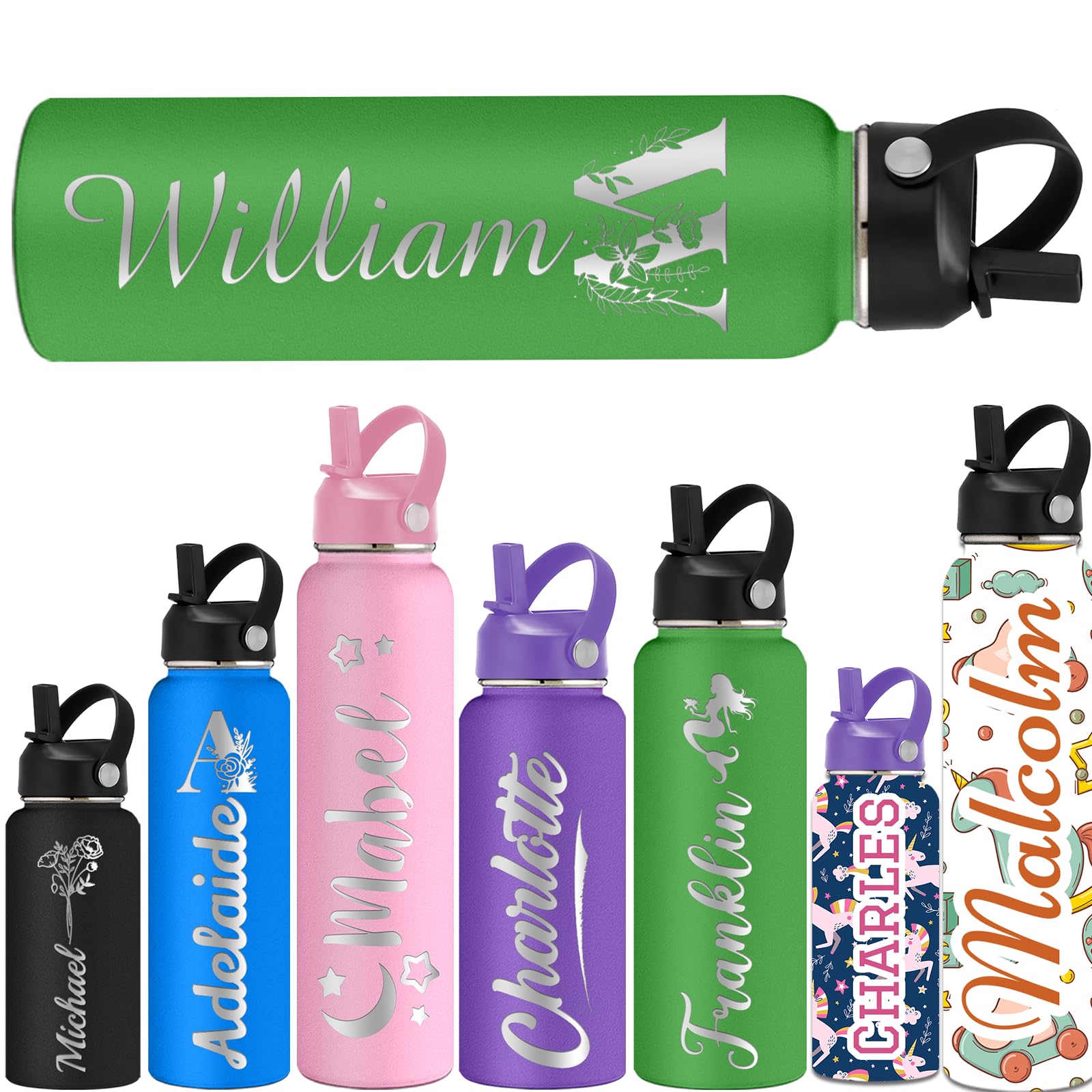 ShAxzHen Personalised Water Bottles for Kids with Straw Lid 40/32/24/18/12oz Custom Insulated Water Bottle Stainless Steel with Name Logo Customised Engraved Cups for School Sport Gym Initials Green
