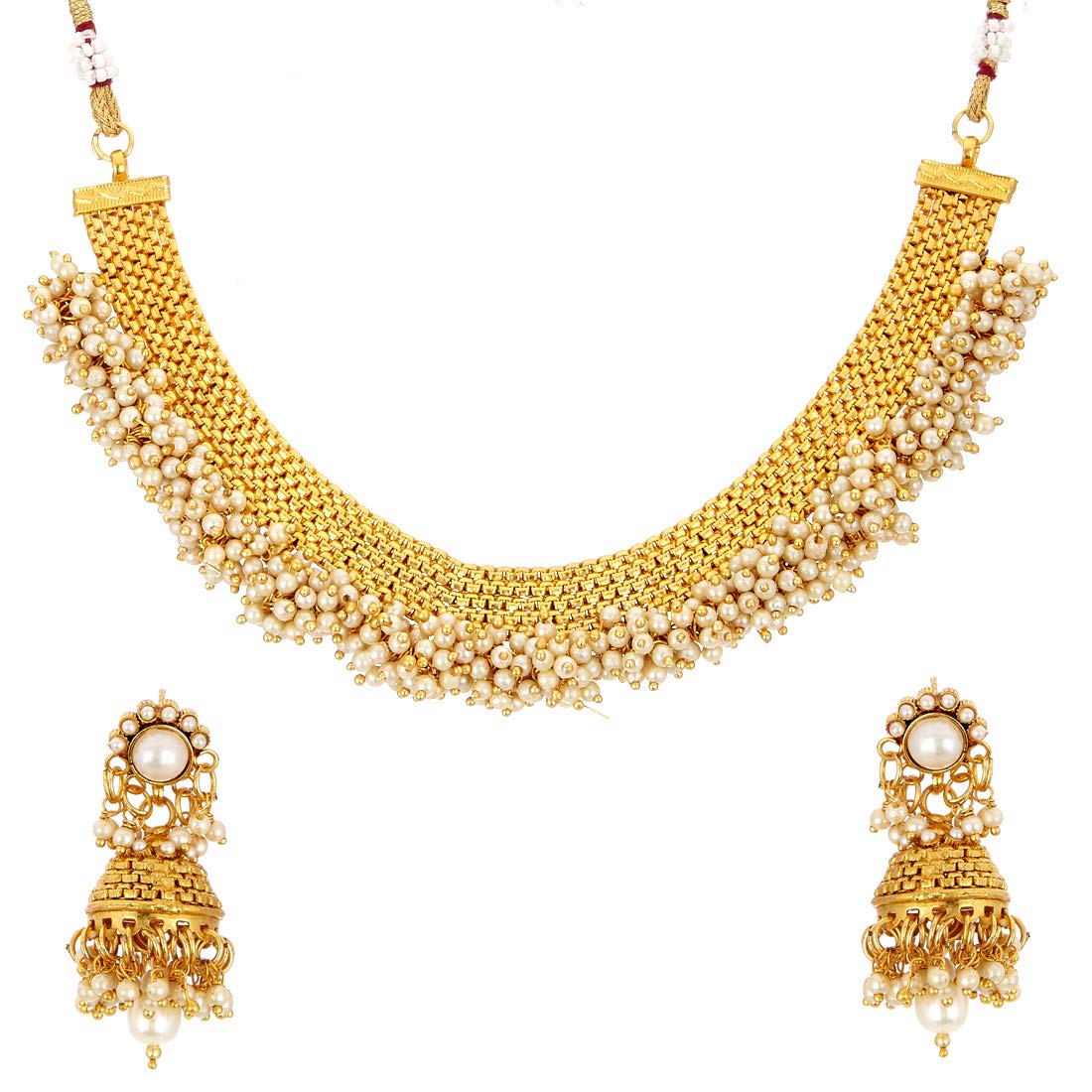 ZENEMEJewellery Set Gold Plated White Pearl Temple Style Necklace Set Jewellery with Earrings for Girls & Women