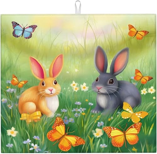 Alfombrilla de secado de platos de conejo de Pascua para encimeras de 18 x 16 pulgadas almohadilla protectora de escurridor de platos de mariposa de