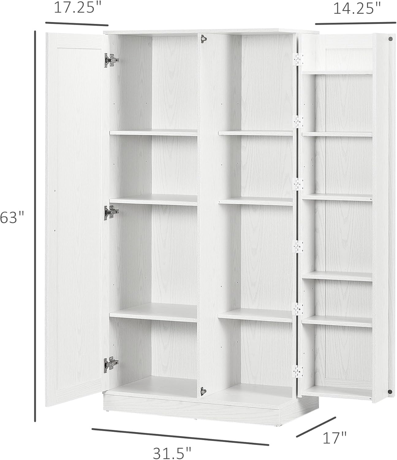 Hare-hare view of the cabinet with doors open, showing multiple shelves filled with various kitchen and pantry items