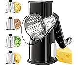 VEKAYA Cheese Grater, Cheese Grater Hand Crank, 4 Interchangeable Blades Cheese Shredder, Vegetable Slicer, Non-slip Suction Base, Easy to Clean Rotary Grater with Handle (Black)