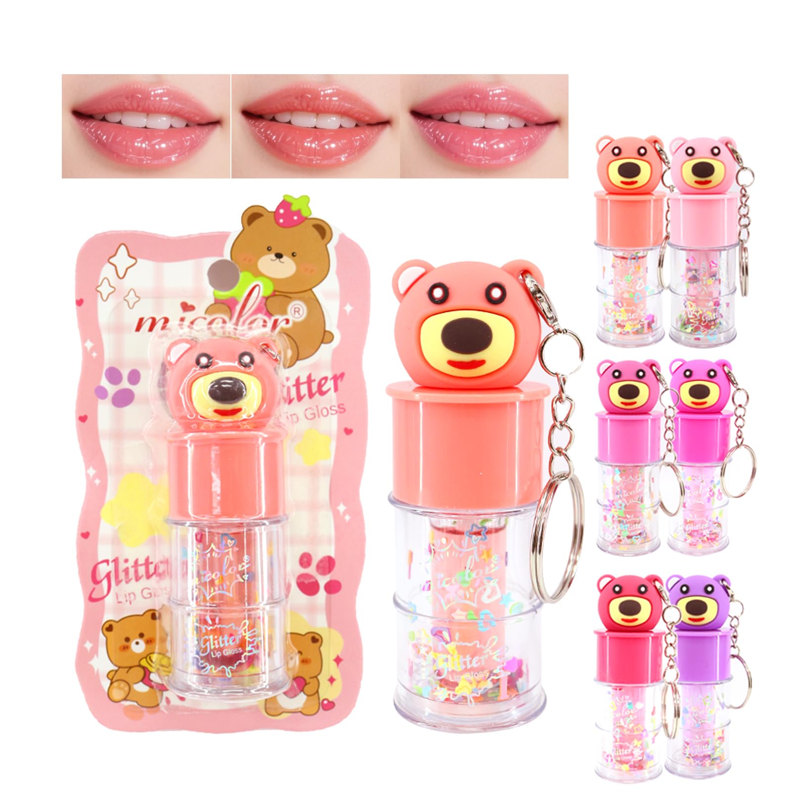 6 Pcs Hydrating Lip Gloss Set, Shimmer Glossy Moisturizing Lip Jelly Sequins and Sparkles Lip Make-Up for Women Party Gift Cute Bear Keychain Design