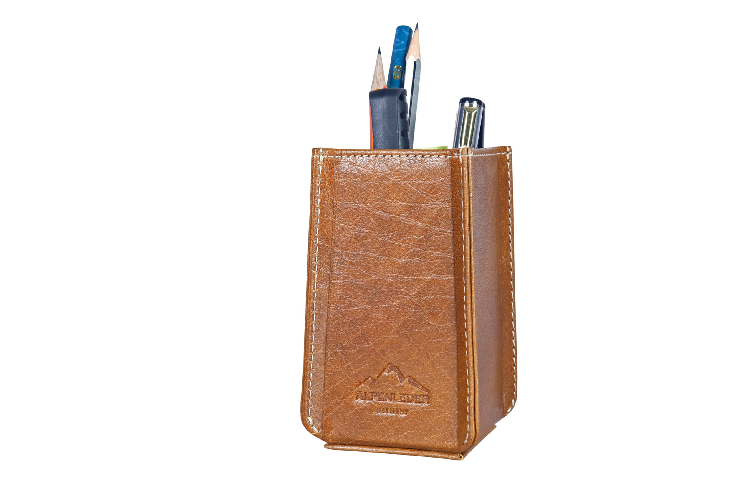 Alpenleder Stifteköcher - Modell: HAFERL (Handgefertigt) - Nachhaltiges Bio-Leder aus regionaler Landwirtschaft | Stifteschale leder *Fair Produziert* (5x5x12cm) (Cognac)