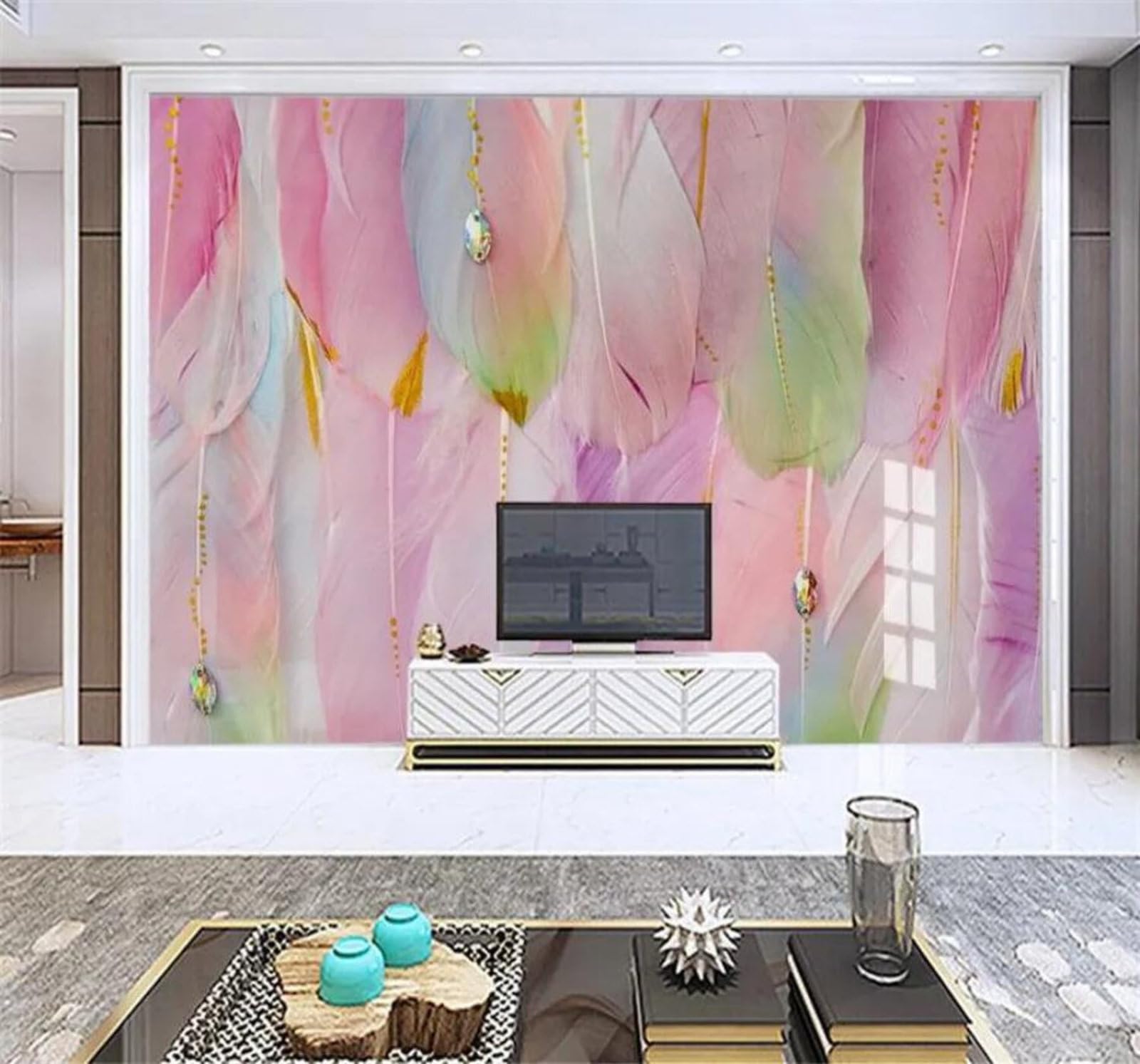 Tzxztt 350Cm×256Cm(B×H) Simple Ethereal Dreamy Feathers Jewellery Modern 3D Wallpaper Premium Textured Silk Neutral Tones Material Ideal For Living Room Bedroom-350Cm×256Cm