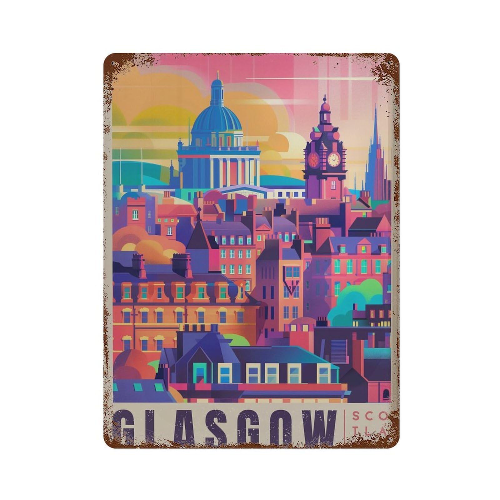 xiaoxiaoshen Glasgow Scotland Travel Vibrant Cityscape Wall Decor Art Metal Tin Poster Modern Home Decor Art Home Bar Shop Decorations Vintage Sign 40x30cm