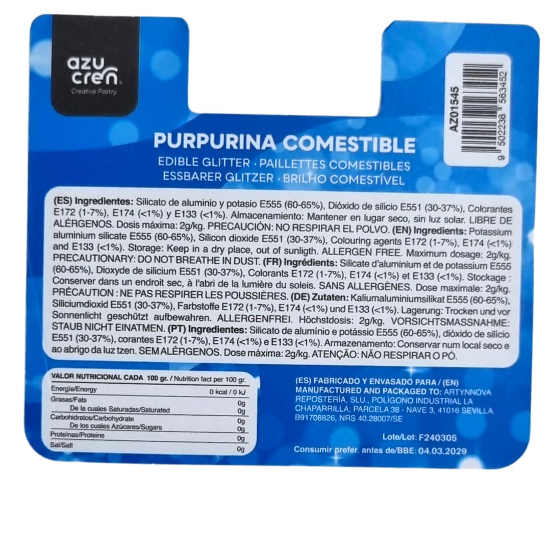 Azucren, Paillette Alimentaire, Paillette Alimentaire cocktail, Poudre Pailletée Comestible, Idéale pour la Décoration de Gâteaux, de Fondants, de Crème au Beurre, 5 Grammes. AZUSHINE (Bleu)