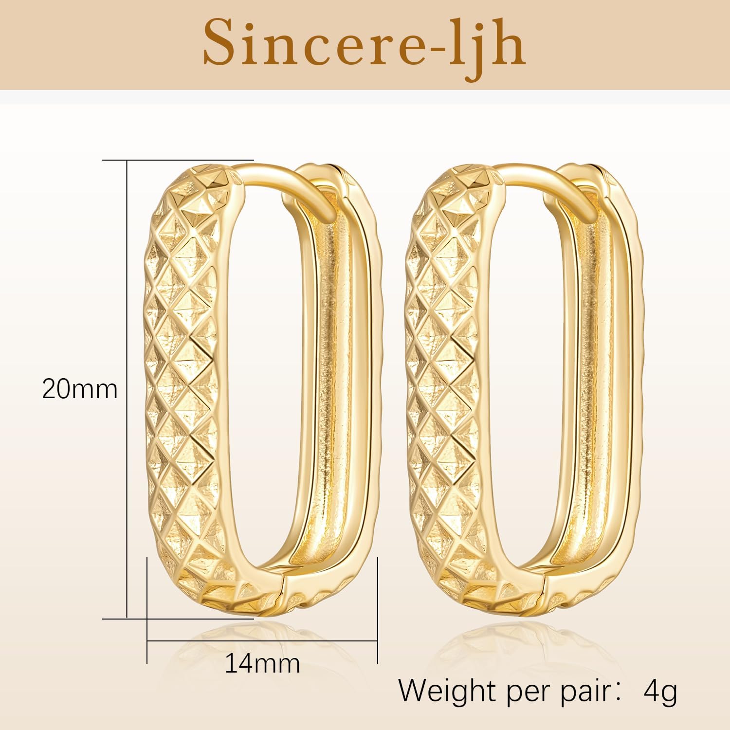 Gold Hoop Earrings for Women 14K Gold Earrings for Women Square Hoop Earring for Womens Square Shape with Rhombic Sculpture Womens Hoops Earring 20mm