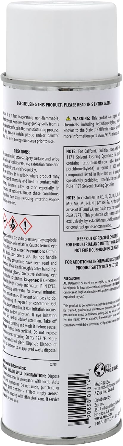 Zep Aerosolve III Solvent Degreaser Aerosol - 20 oz (Case of 12) 181016 - Fast Evaporating, Non-Flammable, Removes Heavy Greasy Soils from a Variety of Metal Surfaces