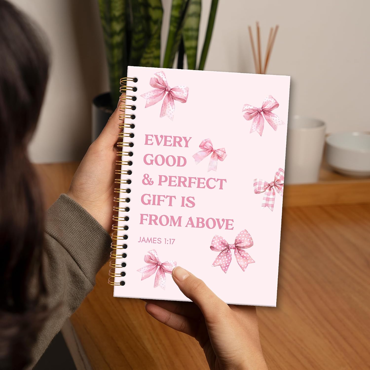 Pink Bow Christian Notebook Journal, Coquette Bible Journaling Spiral Notebook, Preppy James 1:17 Journal Notebooks for Women, Girly Religious Office School Supplies Gifts, 5.5x8.3In image 3