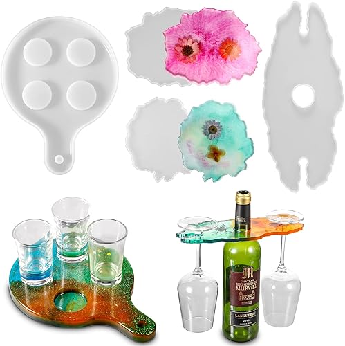 Geiserailie 4 piezas de soporte para copas de vino, molde de resina, bandeja de servir, molde epoxi, estante de vino, molde de silicona, moldes de