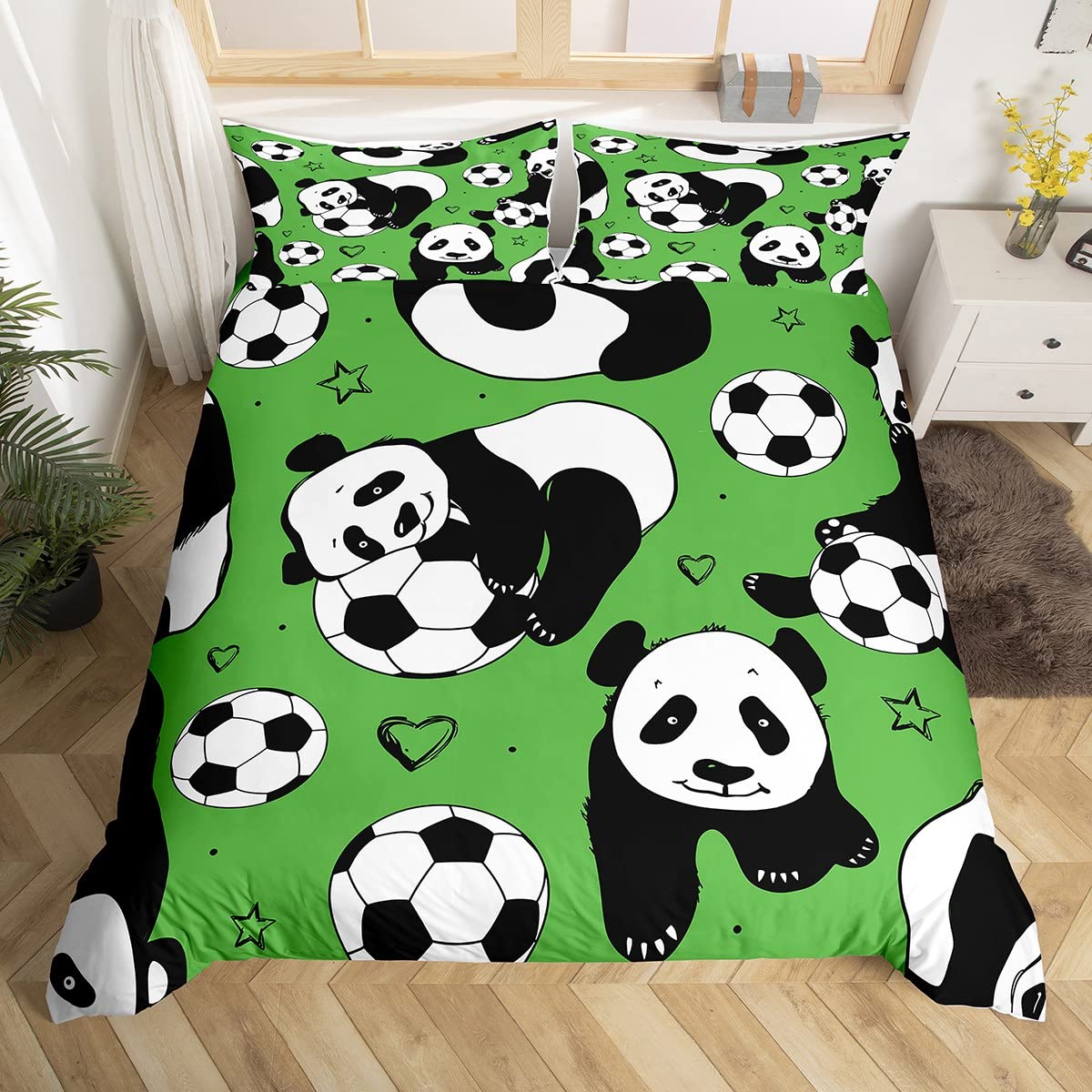 Housse de couette panda pour chambre d'enfant et lit vert écologique