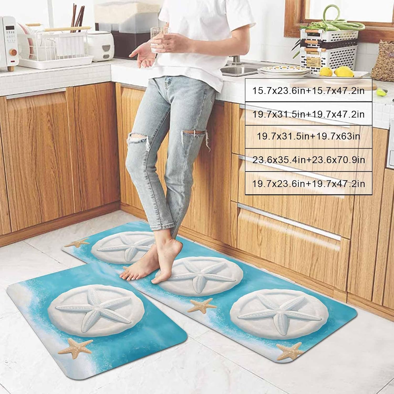 Ocean Starfish Kitchen Mat Set 2 Pieces Summer White Orange Sea Star Sand Dollar Beach Non Slip Kitchen Rugs Washable Runner Rug Mats for Floor Sink Laundry Office 19.7" x 31.5"+19.7" x 63"