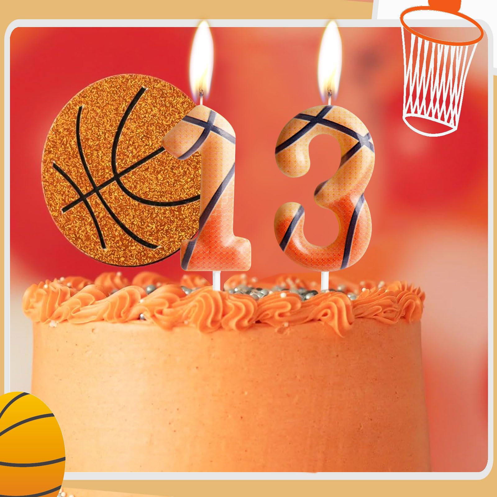 Candela Di Compleanno Numero 13 A Forma Di Pallacanestro 3D, Arancione, Torta Basket Per Ragazzo E Ragazza
