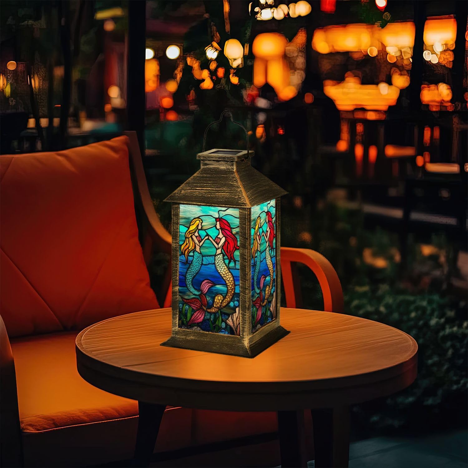Solar Lantern Stained Glass Window Panel Mermaids Ocean Waves Shells Seaweed Outdoor Waterproof Garden Hanging Lantern Solar Powered Lighting Outside Table Lamp for Patio Deck Camping 1 Pack