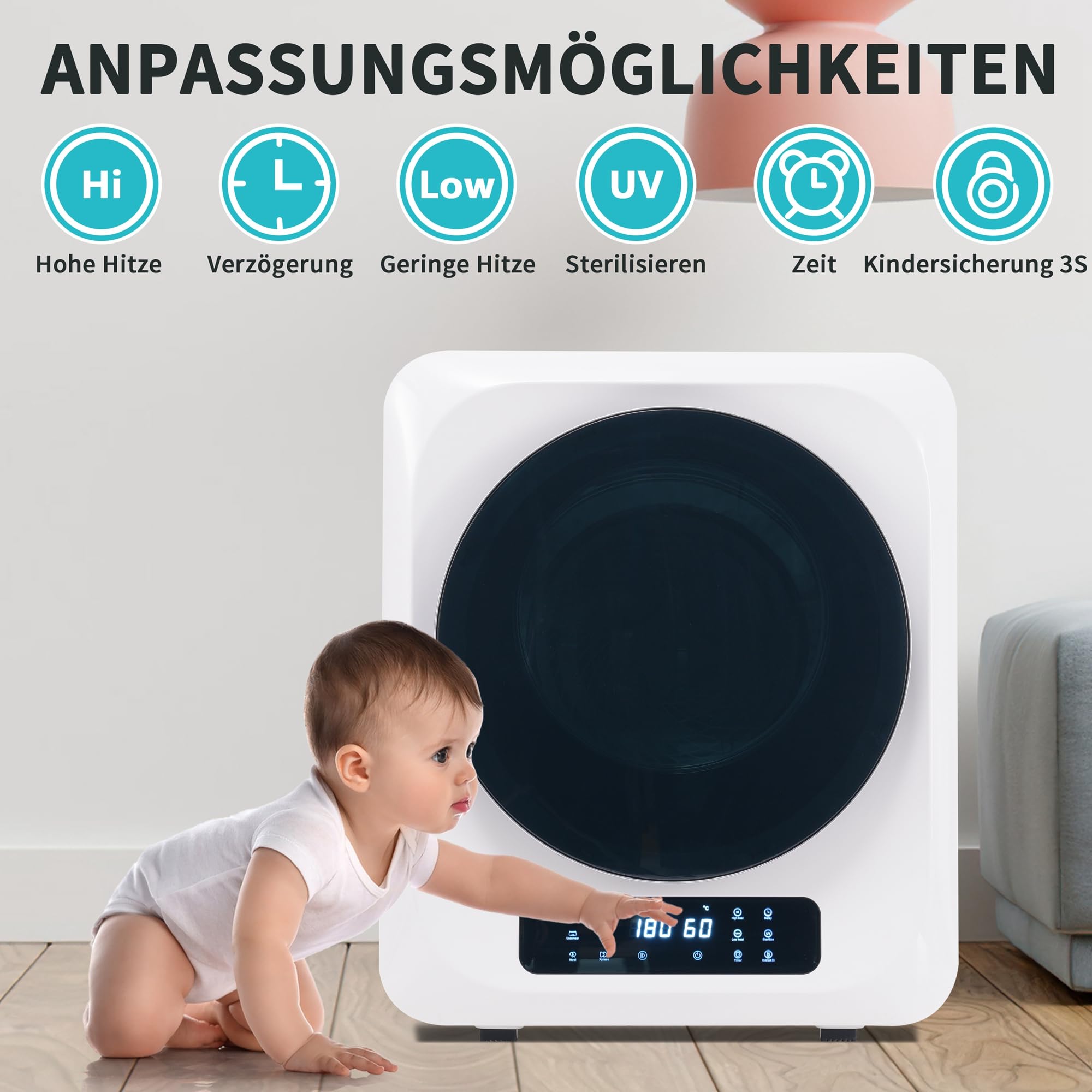 Abgastrockner Wäschetrockner 3kg (4kg), 850W, Edelstahl, 6 Programme, UV-Sterilisation, Mehrfachfilter, Überhitzungsschutz, Wandmontierbar, Energieklasse G, Weiß