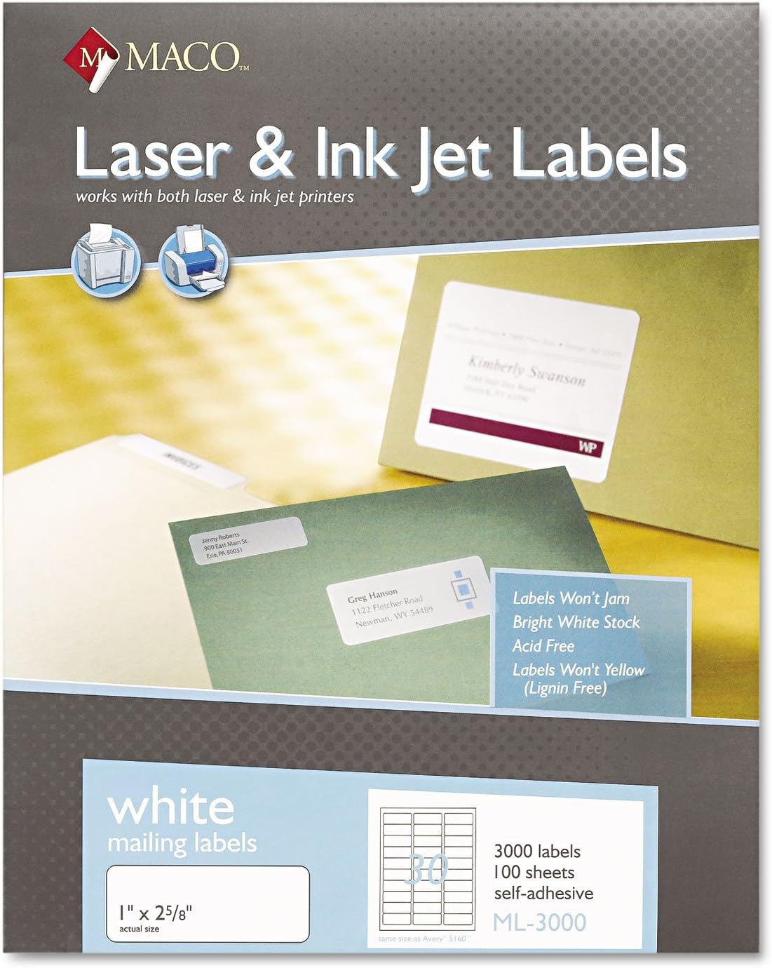 MACO ML3000 White Laser/Inkjet Shipping & Address Labels, 1 x 2 5/8, 3000/Box
