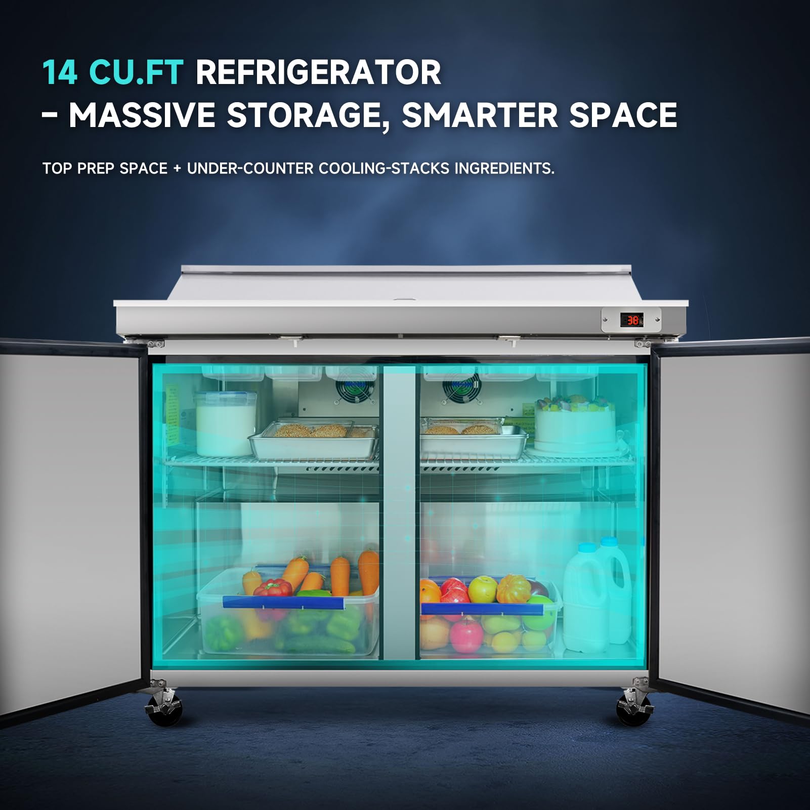 Dvasovio 48" Commercial Refrigerator Salad Sandwich Prep Table Refrigerators 2 Door 13.8 Cu.Ft Stainless Steel Refrigerated Mega Top on Fridge.com - View 6