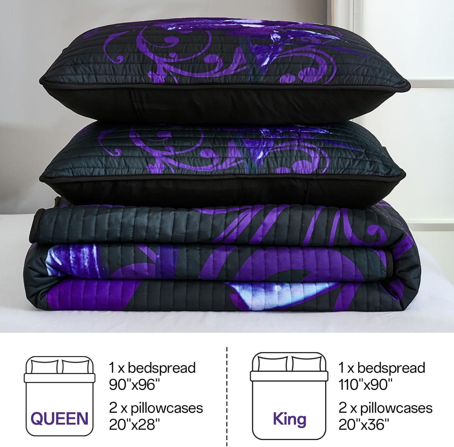 Xruibed Purple Quilt Set Queen Size, 3 Pieces Rose Floral Quilt Set Botanical Bedspread with 2 Pillow Shams, Soft Micorfiber Lightweight Flower Coverlet Bedding Set for All Season (90"x96") - Image 6