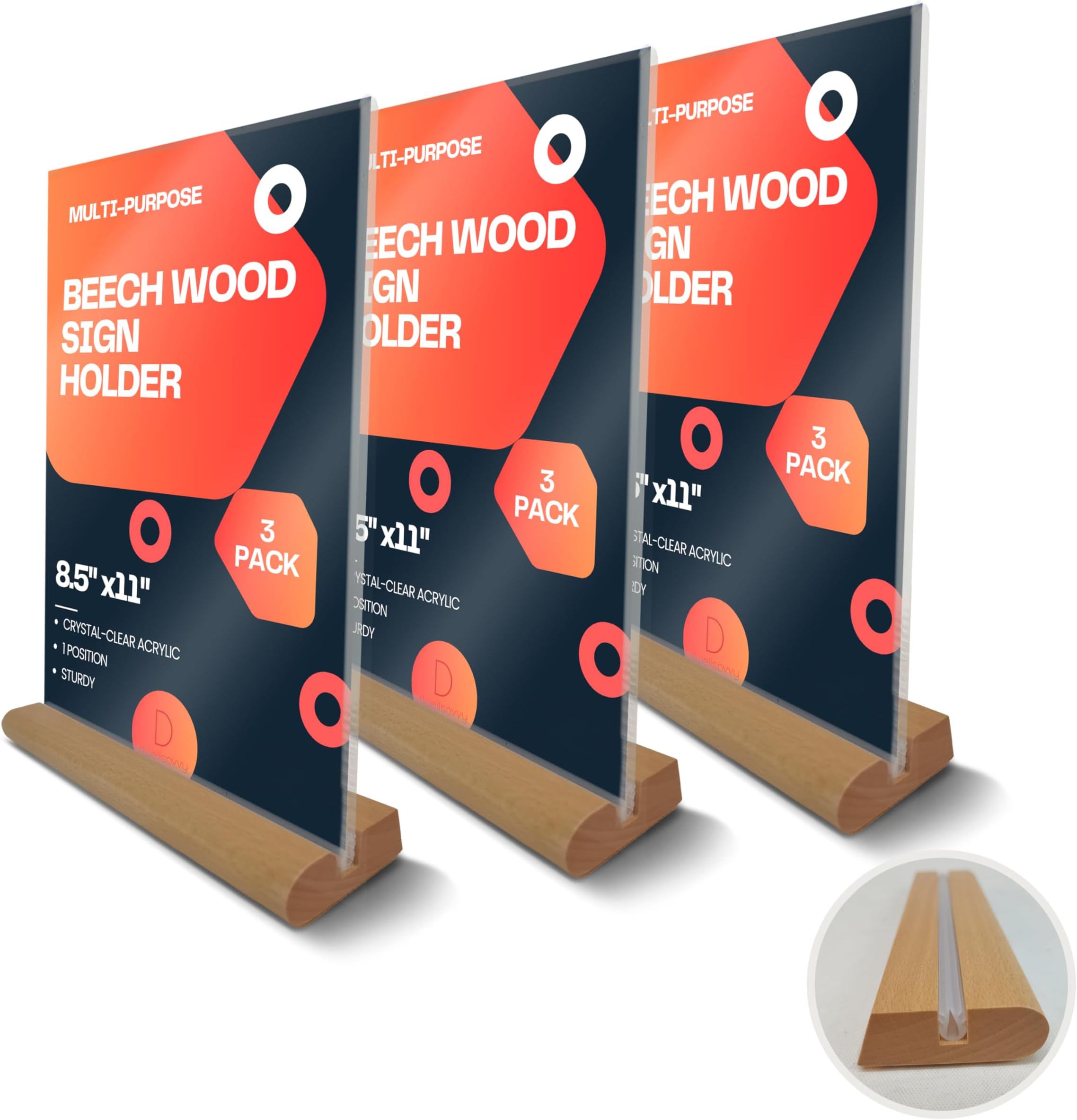 DS® Acrylic Sign Holder 8.5X11” [3-PACK] | Beech Wood Base and Plexiglass Frame: Double-Sided Tabletop Display. Menu Holder, Picture Frame, Store Sign, Display Stand or QR Wifi Code Sign.