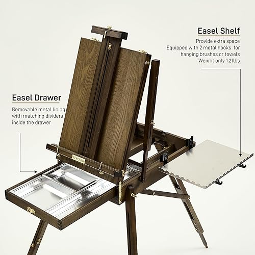 Miniatura 3 de ATWORTH Caballete francés para pintar, campo de madera de haya de lujo y caja de bocetos de estudio con bandeja lateral de metal, portátil y fácil