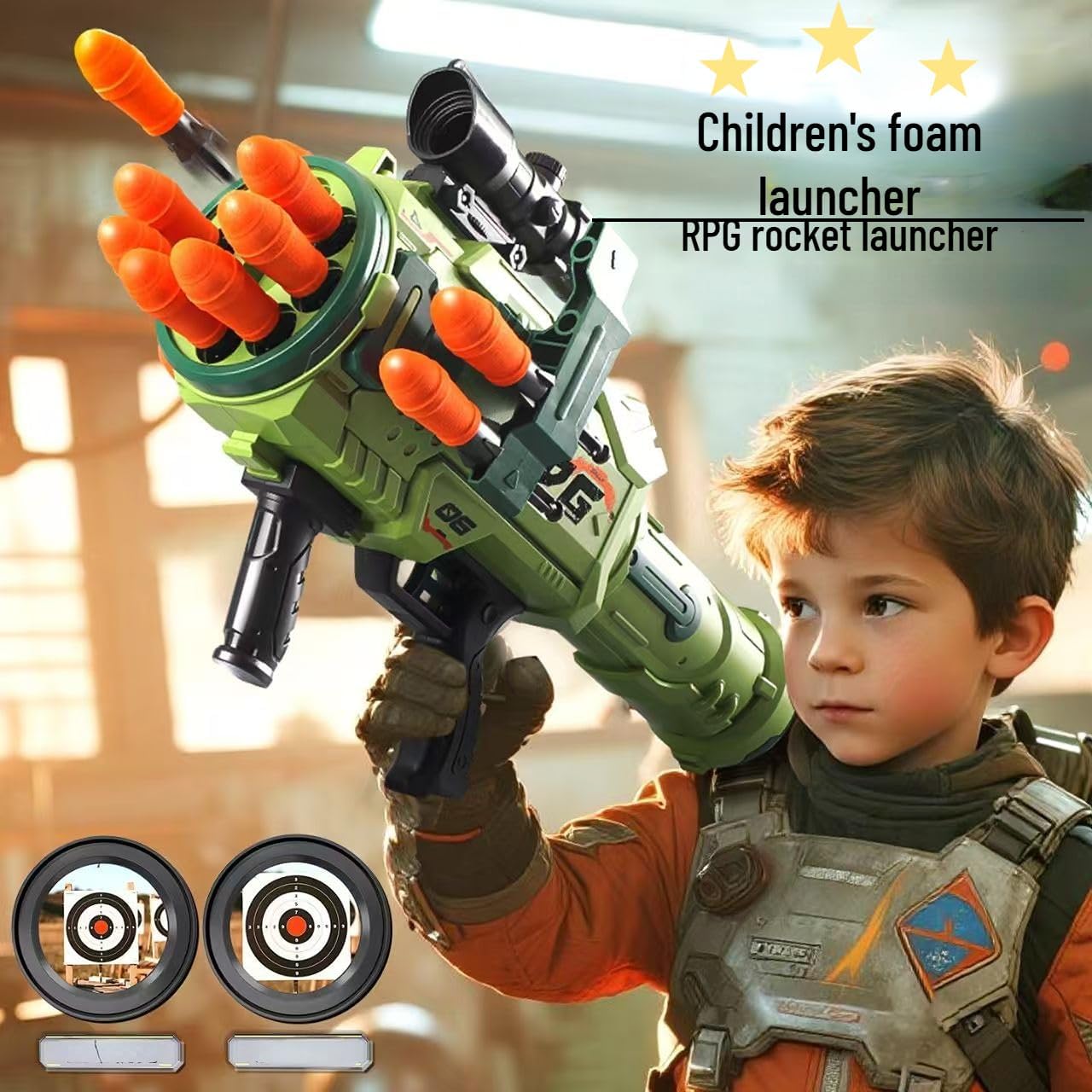 Children's Foam Rocket Launcher Toy Soft Bullet Launcher RPG Toy Gun Set Tactical Vest Battle Game (Green, Upgraded Package)